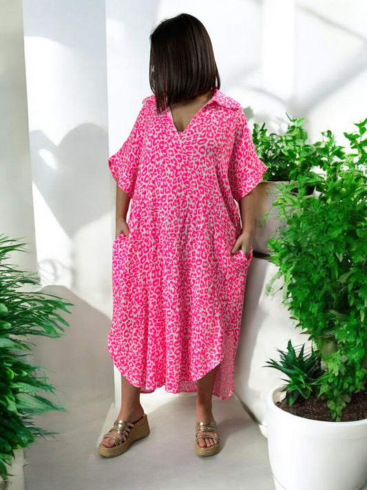 FELINE - ROBE OVERSIZE LEOPARD FUCHSIA JUSQU'A LA TAILLE 50