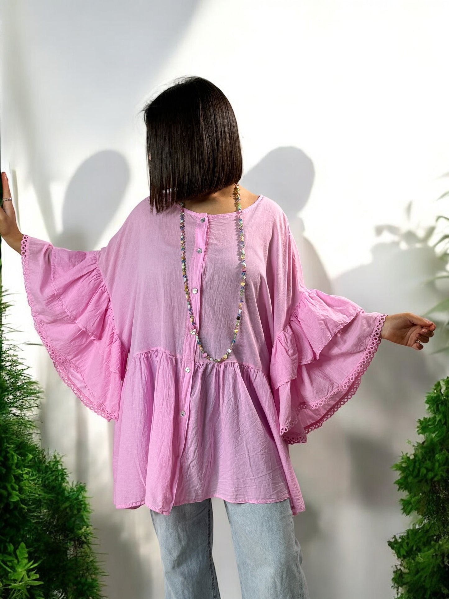 CORALINE - BLOUSE OVERSIZE ROSE EN COTON JUSQU'A LA TAILLE 52/54