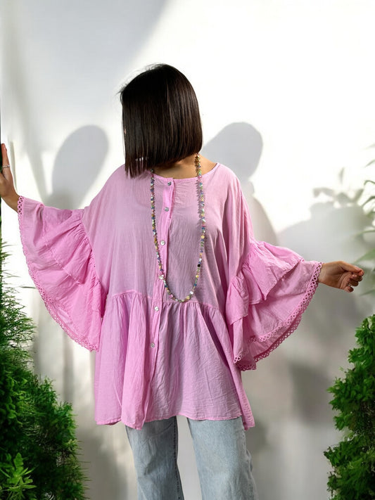 CORALINE - BLOUSE OVERSIZE ROSE EN COTON JUSQU'A LA TAILLE 52/54