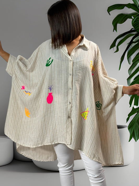 PAMPELONNE - TUNIQUE OVERSIZE A RAYURE BEIGE JUSQU'A LA TAILLE 56