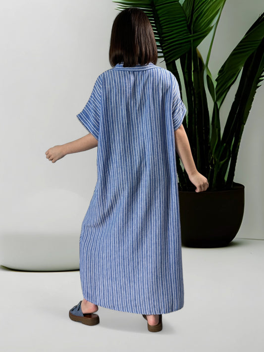 SOPHIE - ROBE CHEMISE OVERSIZE RAYURE BLEUE JUSQU'A LA TAILLE 48