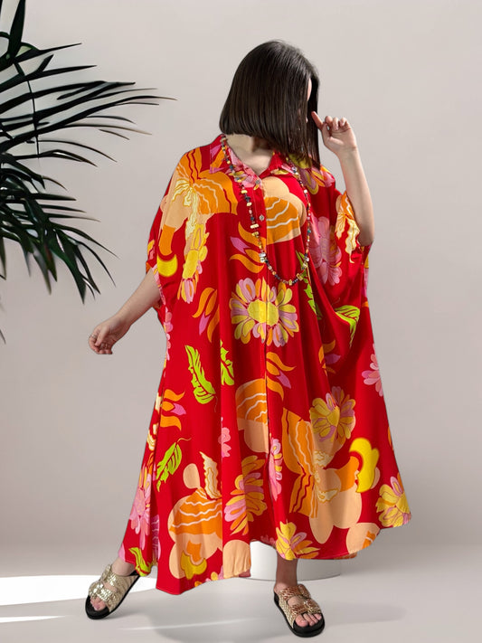 MADDY - ROBE LONGUE FLUIDE OVERSIZE ROUGE A MOTIF JUSQU'A LA TAILLE 60