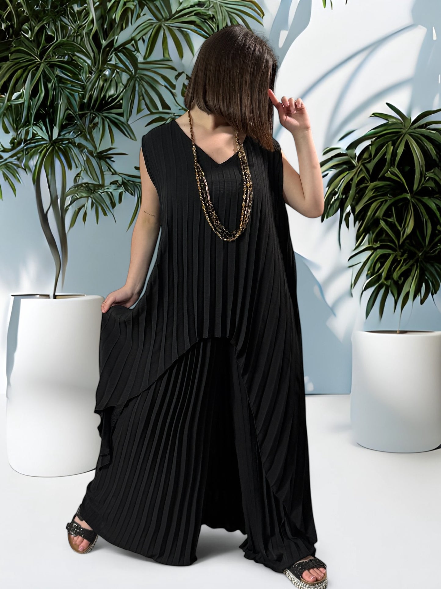 COCKTAIL - ENSEMBLE NOIR TUNIQUE ET PANTALON  OVERSIZE JUSQU'A LA TAILLE 56