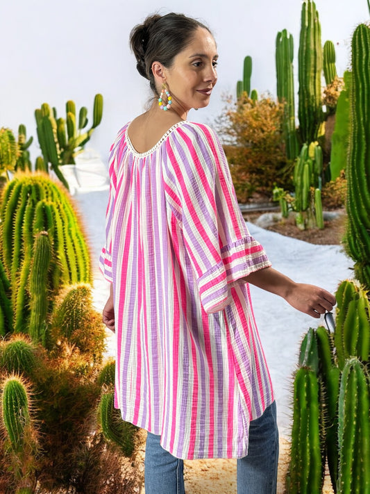 LILOU - BLOUSE OVERSIZE A RAYURE FUCHSIA EN COTON JUSQU'A LA TAILLE 56