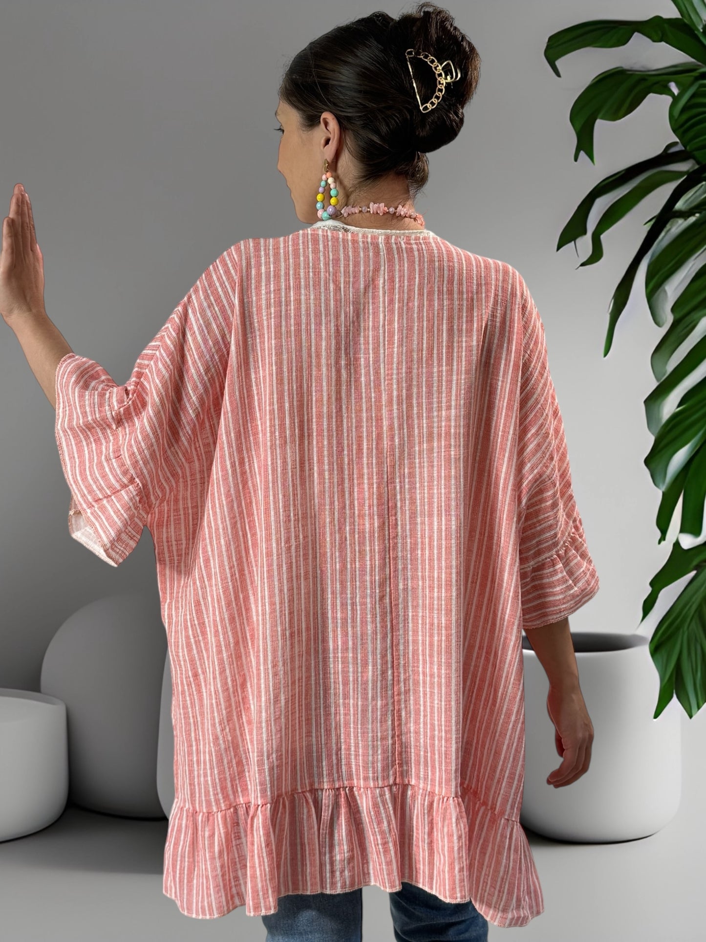 NELLY - TUNIQUE EN COTON A RAYURE CORAIL JUSQU'A LA TAILLE 52/54