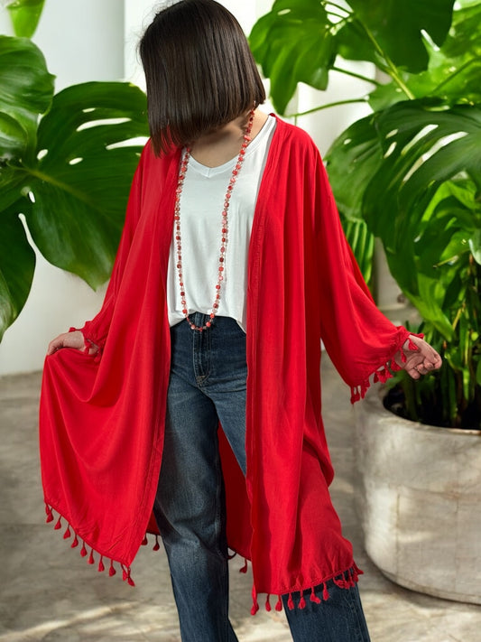 CHANTOU - KIMONO FLUIDE OVERSIZE ROUGE JUSQU'A LA TAILLE 58