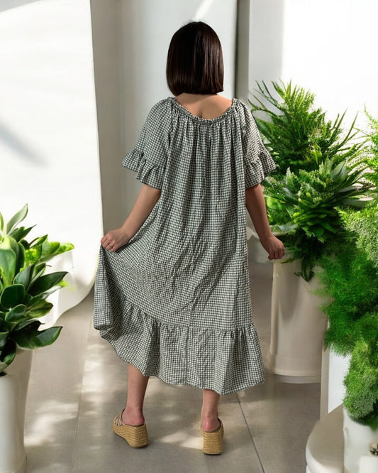 CAROLINE - ROBE VICHY KAKI JUSQU'A LA TAILLE 54