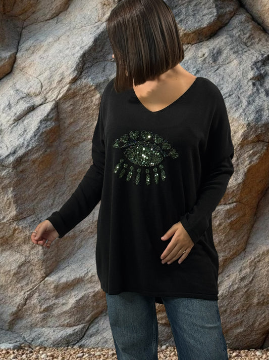 FREEDOM - PULL NOIR EN MAILLE FLUIDE OEIL EN SEQUINS JUSQU'A LA TAILLE 52