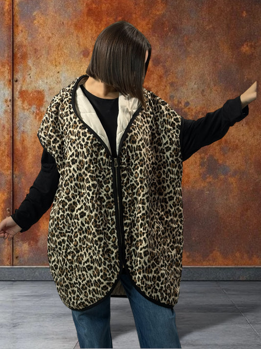 CRISTIANO - GILET LEOPARD SANS MANCHE A CAPUCHE JUSQU'A LA TAILLE 56