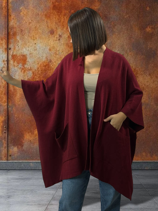 ADRIANA -GILET PONCHO BORDEAUX EN MAILLE JUSQU'A LA TAILLE 60