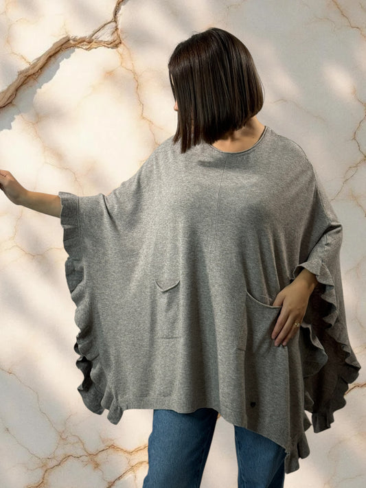 BIANCA - PONCHO TAUPE EN MAILLE JUSQU'A LA TAILLE 56/58