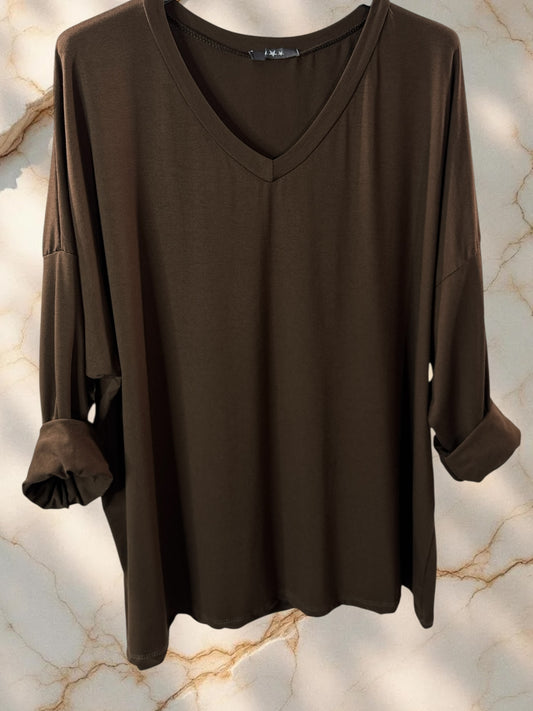 BASTIEN - T-SHIRT EN VISCOSE MARRON MANCHES LONGUES JUSQU'A LA TAILLE 52/54