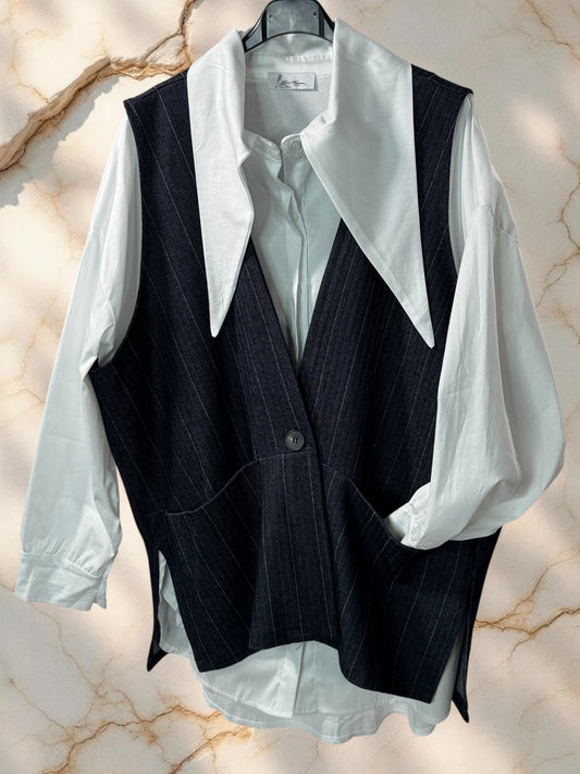 PAULIN - ENSEMBLE CHEMISE ET GILET CHEVRONS MARINE JUSQU'A LA TAILLE 52