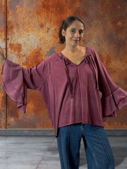 EMILIE - BLOUSE BORDEAUX EN COTON OVERSIZE JUSQU'A LA TAILLE 52