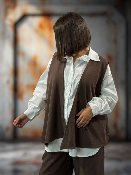 ADRIEN - GILET MARRON À RAYURE JUSQU'A LA TAILLE 48