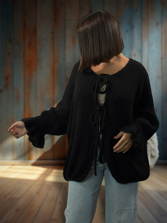 BERENGERE - GILET OVERSIZE NOIR AVEC NOEUDS JUSQU'A LA TAILLE 52/54
