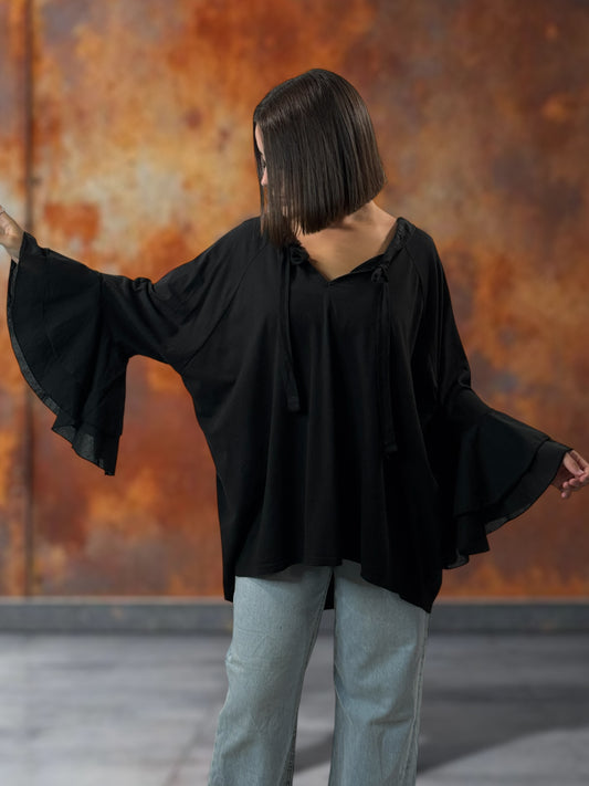 EMILIE - BLOUSE NOIRE EN COTON OVERSIZE JUSQU'A LA TAILLE 52