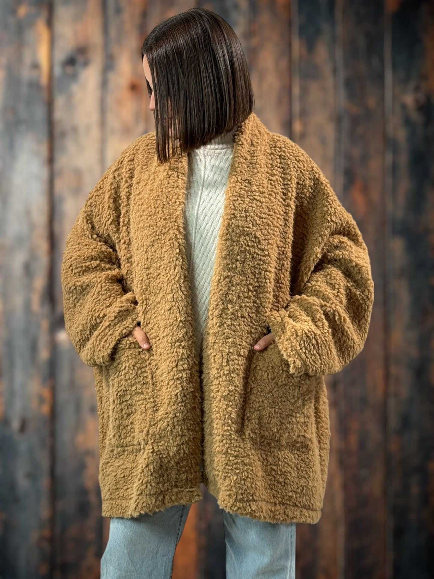 LILIROSE - VESTE OVERSIZE CAMEL EN MOUMOUTE JUSQU'A LA TAILLE 56