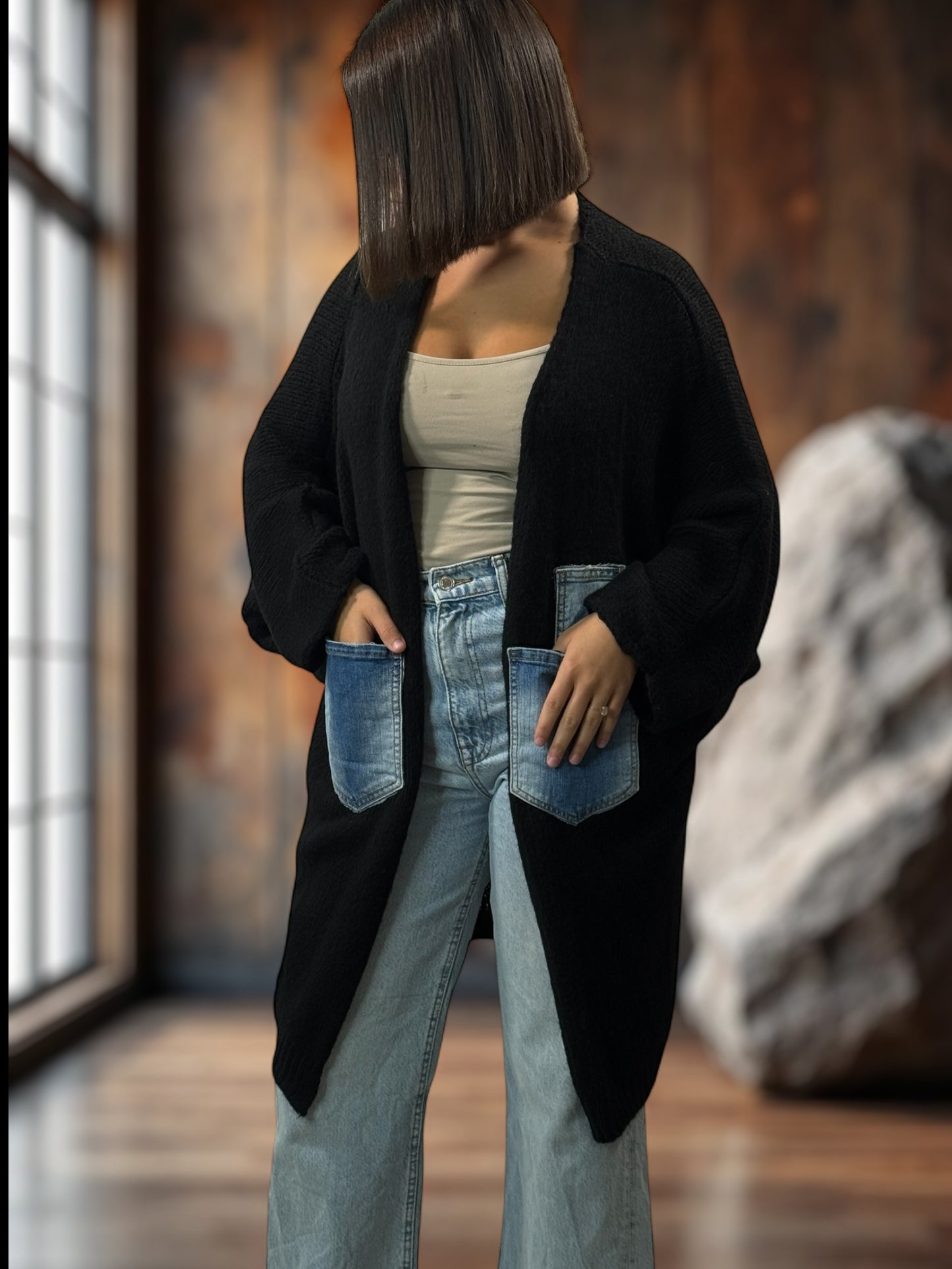 SANTANA - GILET OVERSIZE NOIR POCHES EN JEAN JUSQU'A LA TAILLE 52