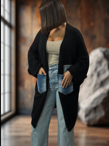 SANTANA - GILET OVERSIZE NOIR POCHES EN JEAN JUSQU'A LA TAILLE 52