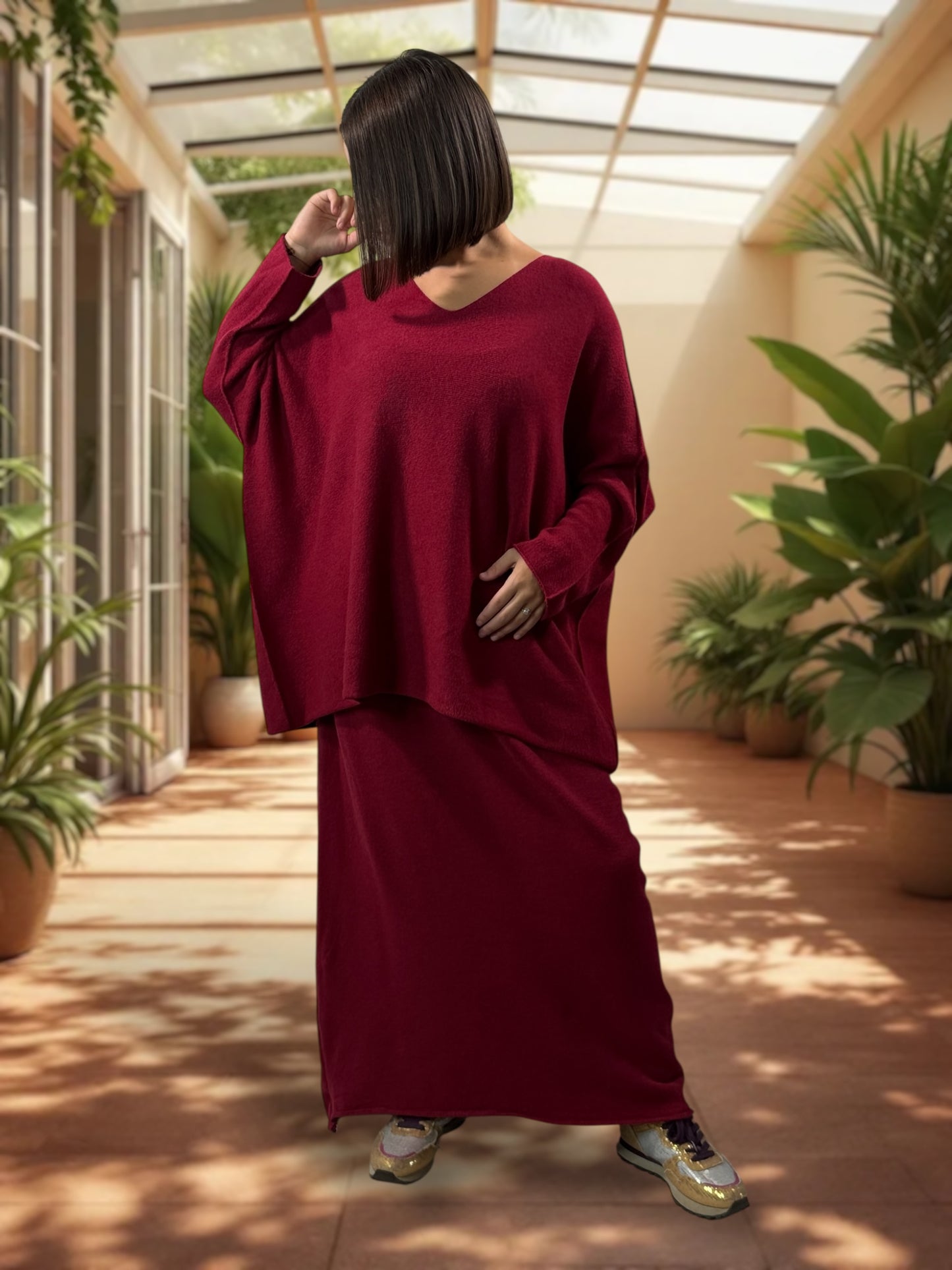 FAUSTINE - ENSEMBLE EN MAILLE BORDEAUX JUSQU'A LA TAILLE 52/54