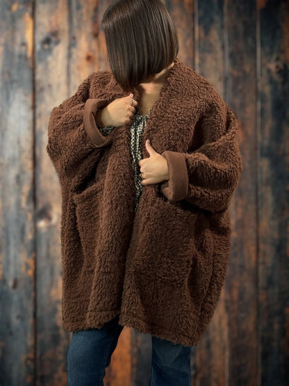 LILIROSE - VESTE OVERSIZE MARRON EN MOUMOUTE JUSQU'A LA TAILLE 56/58