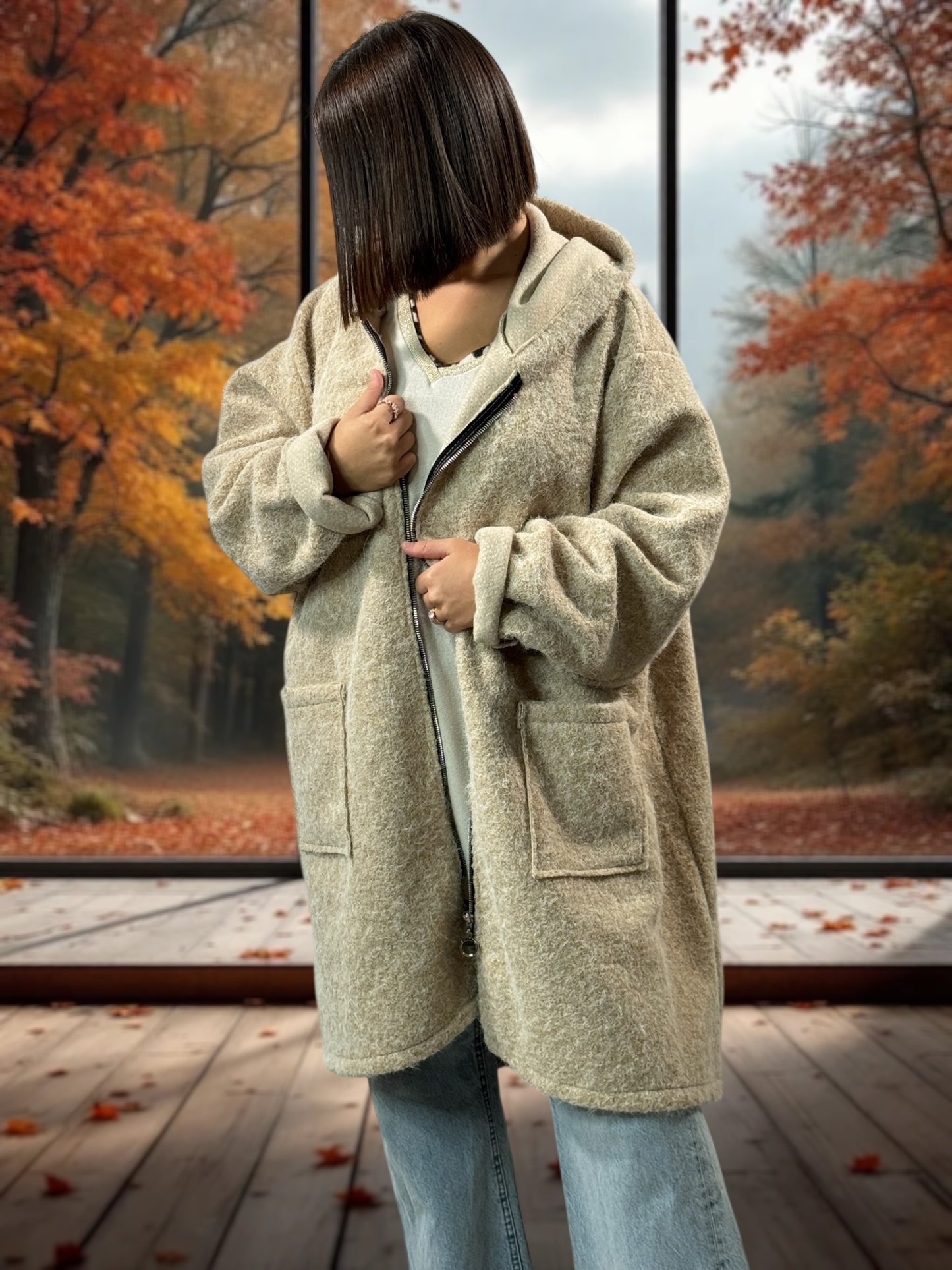 OCEANE - VESTE OVERSIZE BEIGE A CAPUCHE JUSQU'A LA TAILLE 54/56