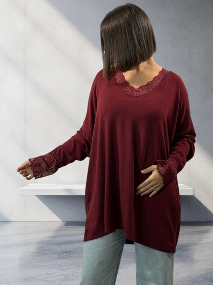 VALENTINA - PULL BORDEAUX EN MAILLE BORDE DE DENTELLE JUSQU'A LA TAILLE 54