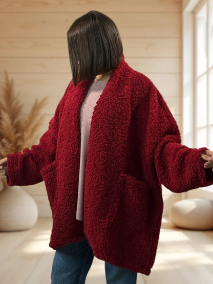 LILIROSE - VESTE OVERSIZE ROUGE EN MOUMOUTE JUSQU'A LA TAILLE 56/58