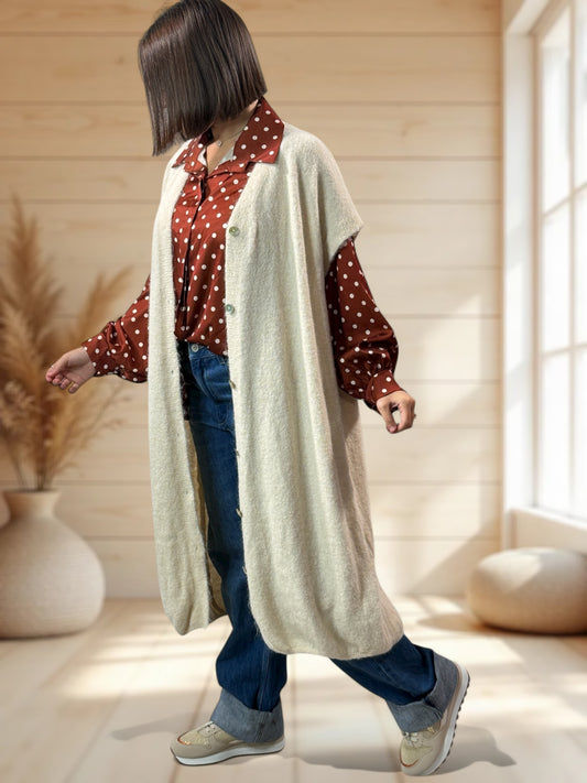 UGO - LONG GILET OVERSIZE BLANC CASSE JUSQU'A LA TAILLE 56/58