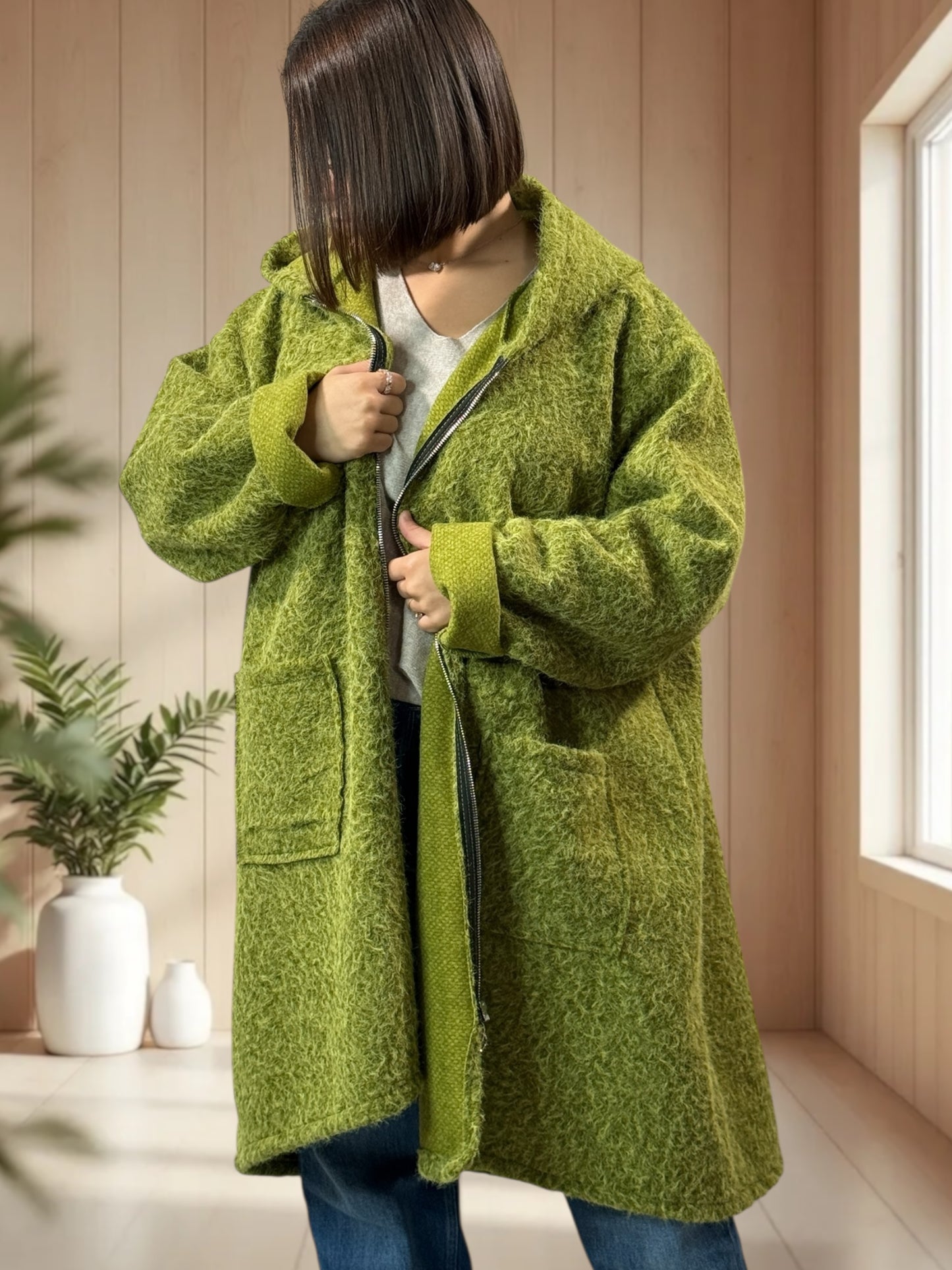 OCEANE - VESTE OVERSIZE VERTE A CAPUCHE JUSQU'A LA TAILLE 54/56