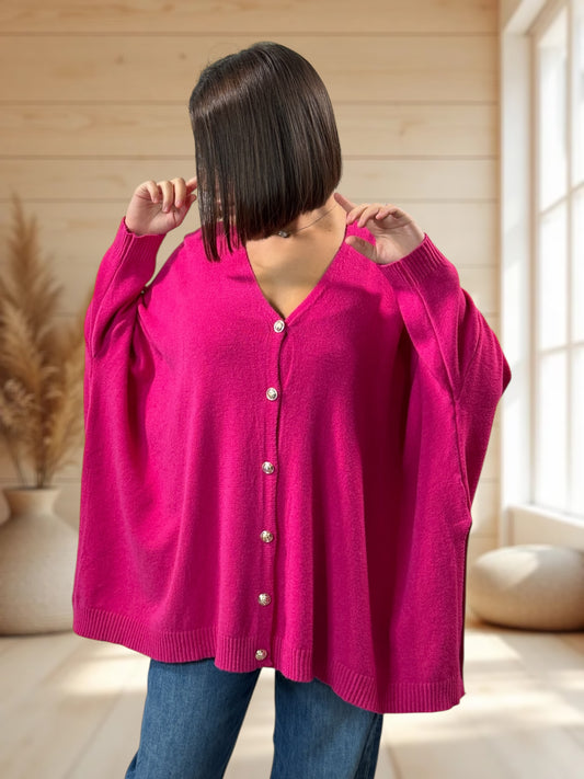 MATHILDE - GILET OVERSIZE FUCHSIA JUSQU'A LA TAILLE 56/58