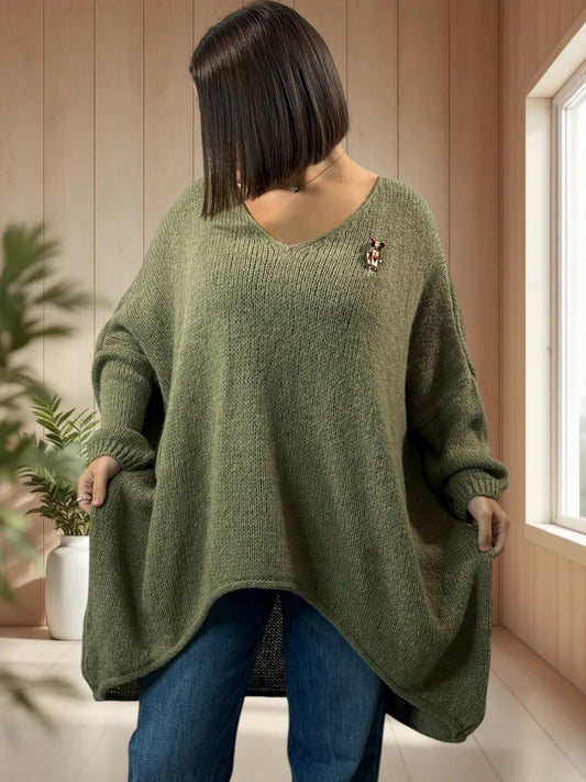 JULIA- PULL OVERSIZE KAKI JUSQU'A LA TAILLE 56/58