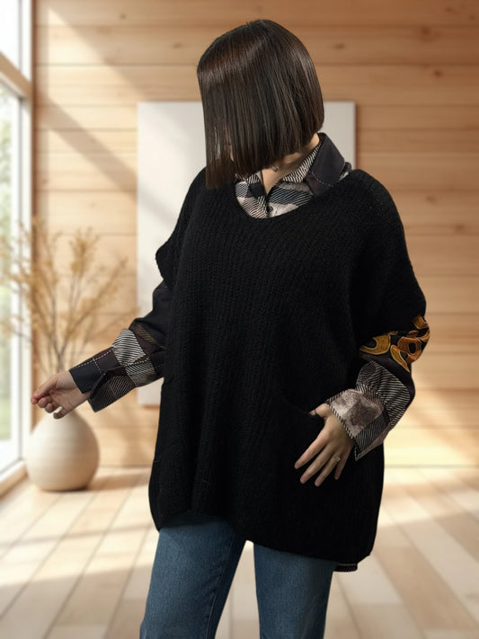 ENZO - PULL NOIR OVERSIZE JUSQU'A LA TAILLE 56