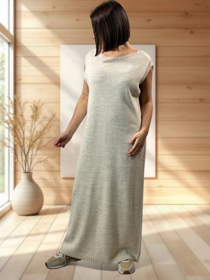 GABRIELA - ENSEMBLE BEIGE EN MAILLE ROBE ET GILET JUSQU'A LA TAILLE 48
