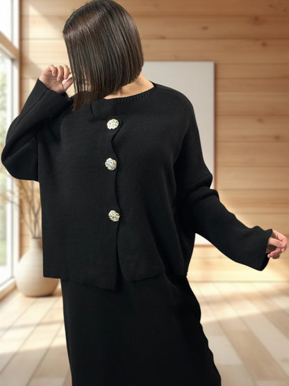 GABRIELA - ENSEMBLE NOIR EN MAILLE ROBE ET GILET JUSQU'A LA TAILLE 48