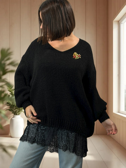 MONIKA - PULL NOIR AVEC DENTELLE JUSQU'A LA TAILLE 48/50