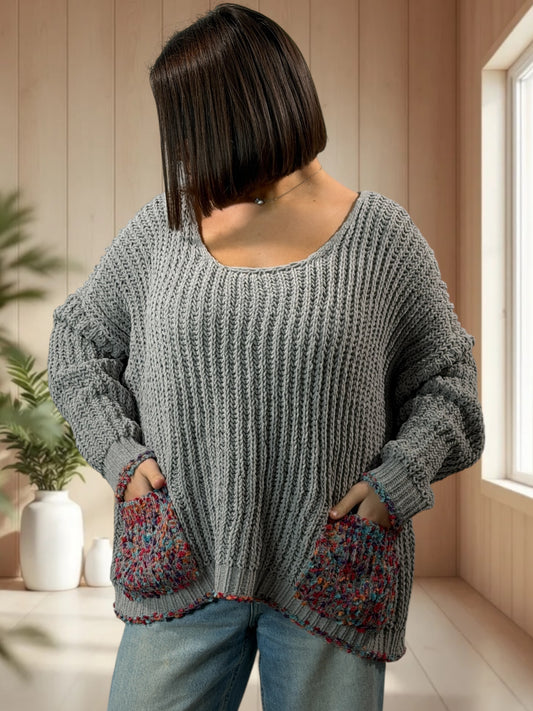 LOUISIE - PULL GRIS 2 POCHES JUSQU'A LA TAILLE 50/52