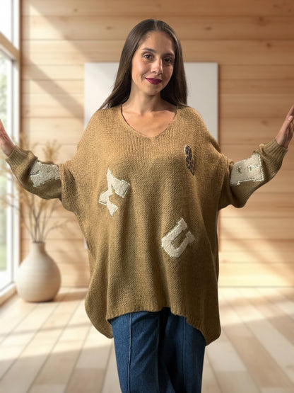JAMES - PULL OVERSIZE CAMEL JUSQU'A LA TAILLE 56