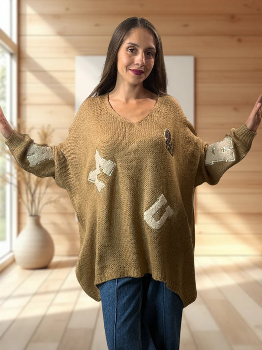 JAMES - PULL OVERSIZE CAMEL JUSQU'A LA TAILLE 56