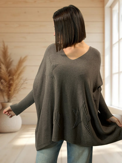 ZAZA - PULL OVERSIZE TAUPE MOTIF ETOILE JUSQU'A LA TAILLE 56