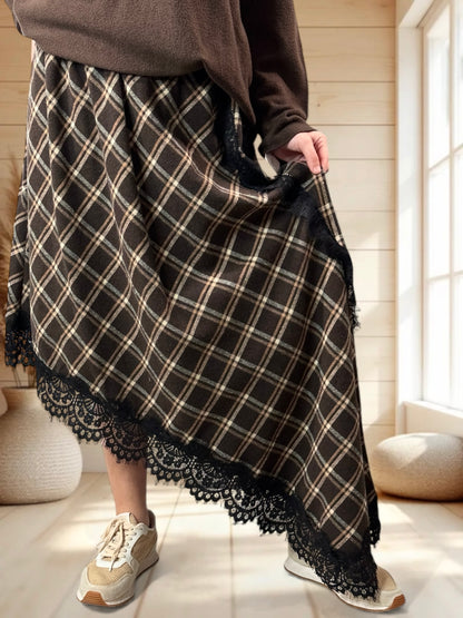 EDIMBOURG - JUPE ECOSSAISE MARRON AVEC DENTELLE JUSQU'A LA TAILLE 50/52