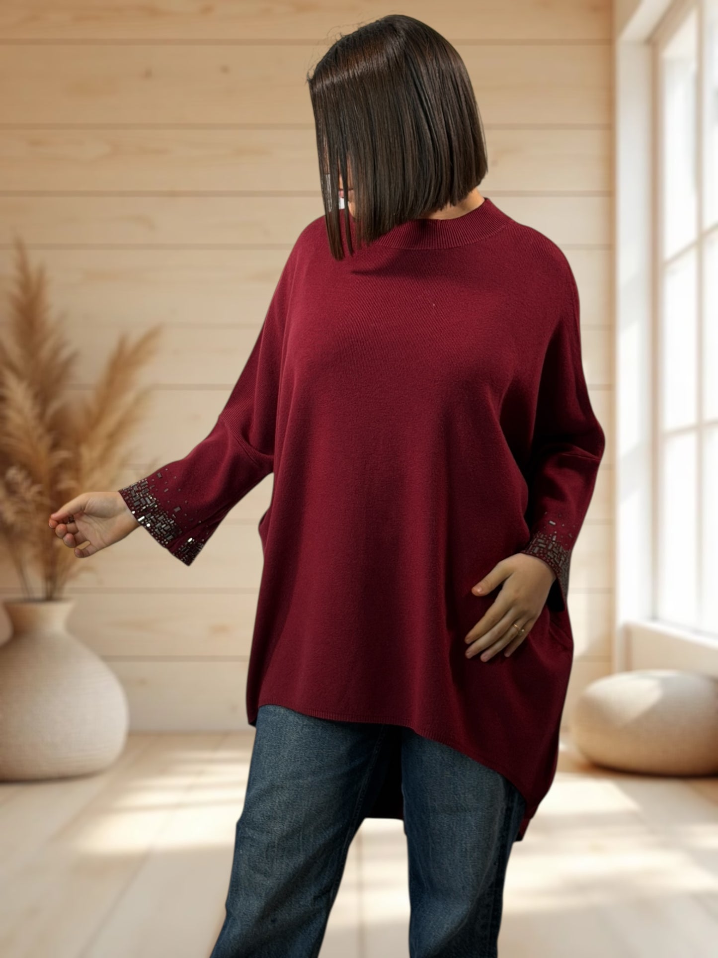 CORALINE - PULL OVERSIZE BORDEAUX AVEC STRASS JUSQU'A LA TAILLE 56