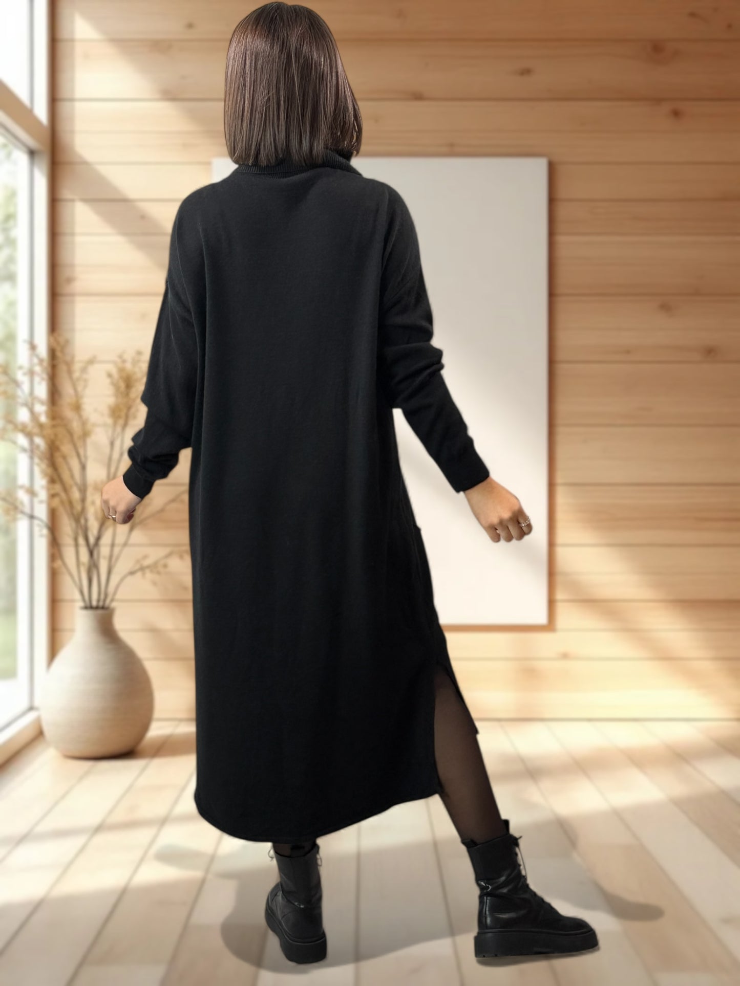 LEONIE - ROBE EN MAILLE NOIRE OVERSIZE JUSQU'A LA TAILLE 48/50