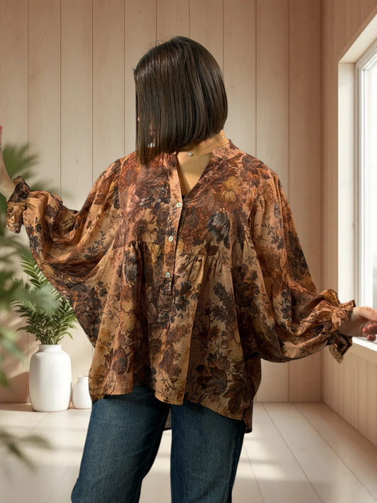 EDITH  - BLOUSE MARRON A MOTIF JUSQU'A LA TAILLE 50/52