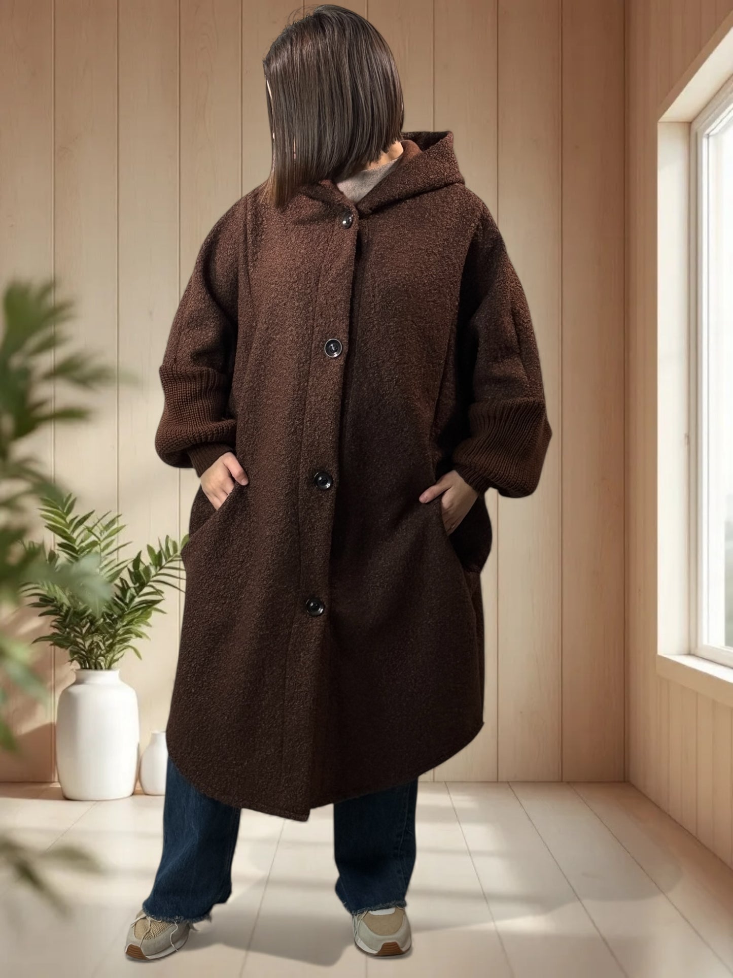 VIRGINIE - MANTEAU OVERSIZE MARRON A CAPUCHE JUSQU'A LA TAILLE 54