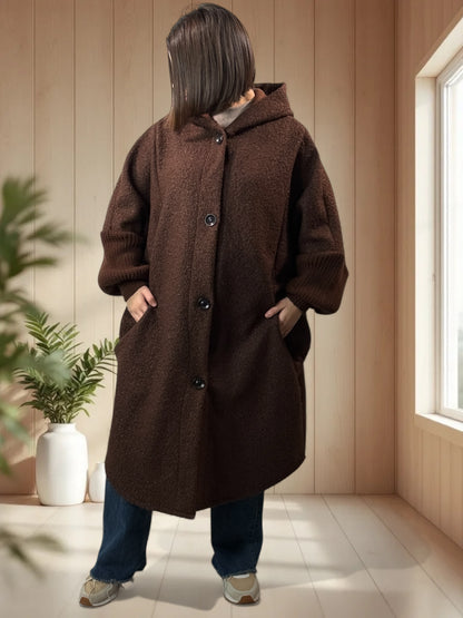 VIRGINIE - MANTEAU OVERSIZE MARRON A CAPUCHE JUSQU'A LA TAILLE 54