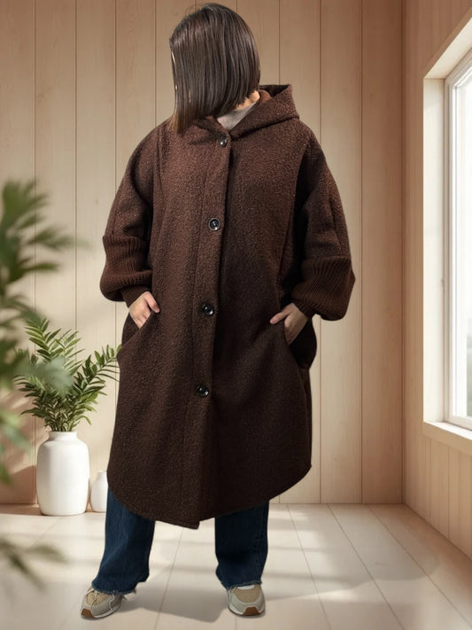 VIRGINIE - MANTEAU OVERSIZE MARRON A CAPUCHE JUSQU'A LA TAILLE 54