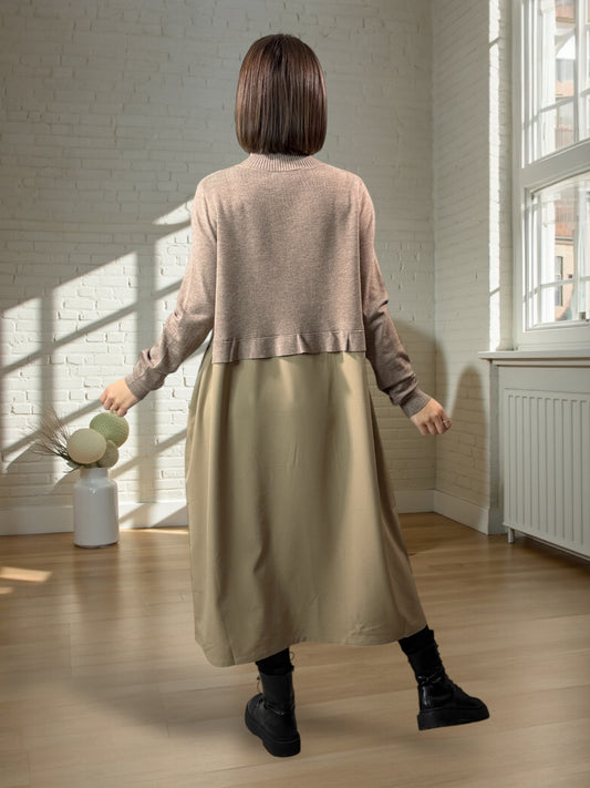 GARANCE - ROBE BI-MATIÈRE TAUPE JUSQU'A LA TAILLE 48/50