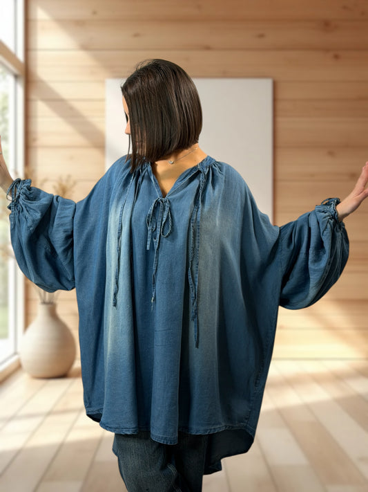 KELLY  - TUNIQUE OVERSIZE EN JEAN TENCELL JUSQU'A LA TAILLE 60